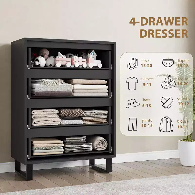 Commode haute à 4 tiroirs Armoire de rangement verticale en bois de 105,4 cm avec design autoportant pour chambre à coucher, salon, couloir et entrée, noir