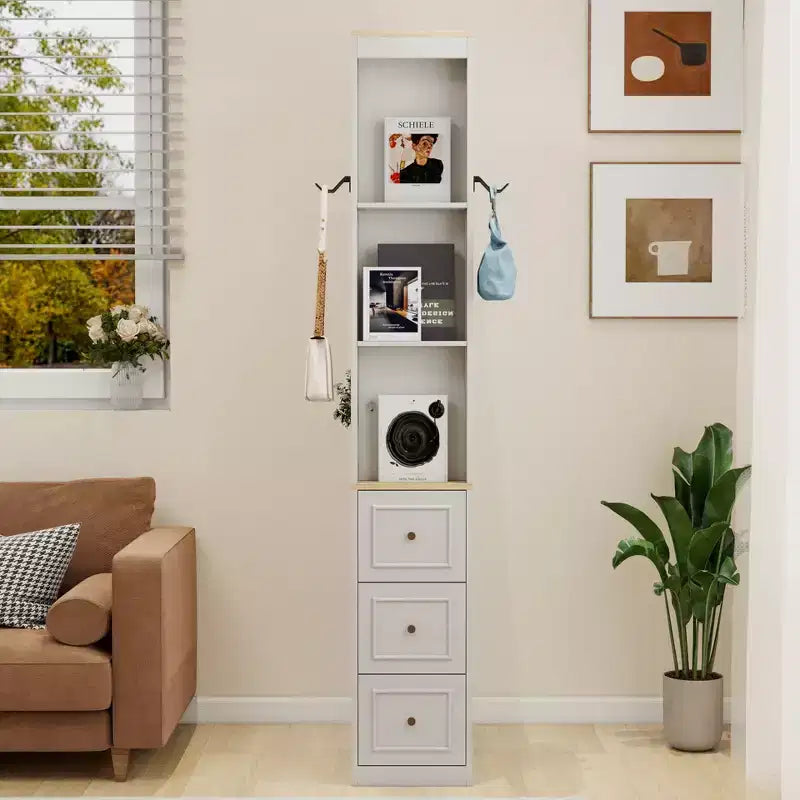 Meuble de rangement haut et étroit de 73 po, meuble de rangement multimédia à 3 niveaux avec 3 tiroirs et 2 crochets, étagères de rangement, cube CD, DVD, console de jeux