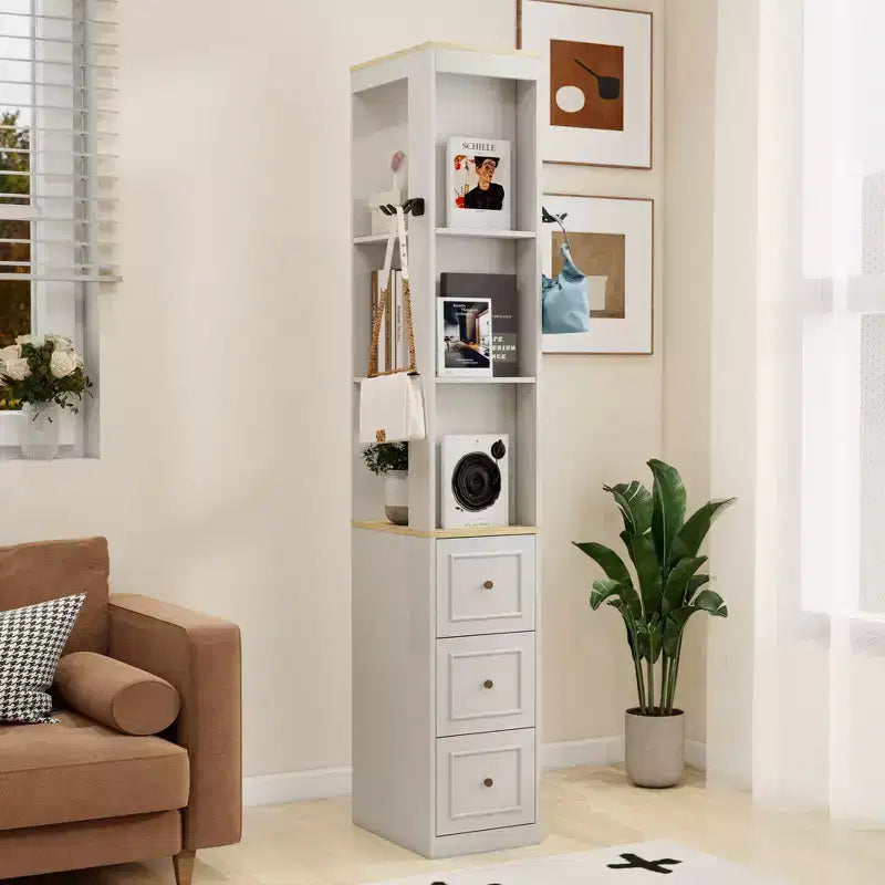 Meuble de rangement haut et étroit de 73 po, meuble de rangement multimédia à 3 niveaux avec 3 tiroirs et 2 crochets, étagères de rangement, cube CD, DVD, console de jeux