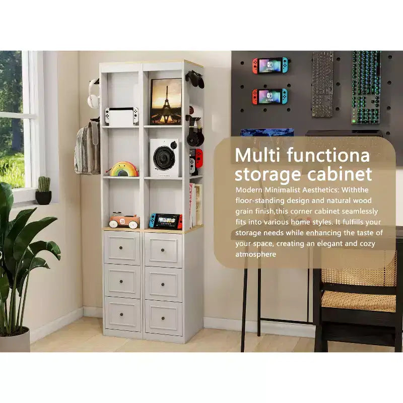 Meuble de rangement haut et étroit de 73 po, meuble de rangement multimédia à 3 niveaux avec 3 tiroirs et 2 crochets, étagères de rangement, cube CD, DVD, console de jeux