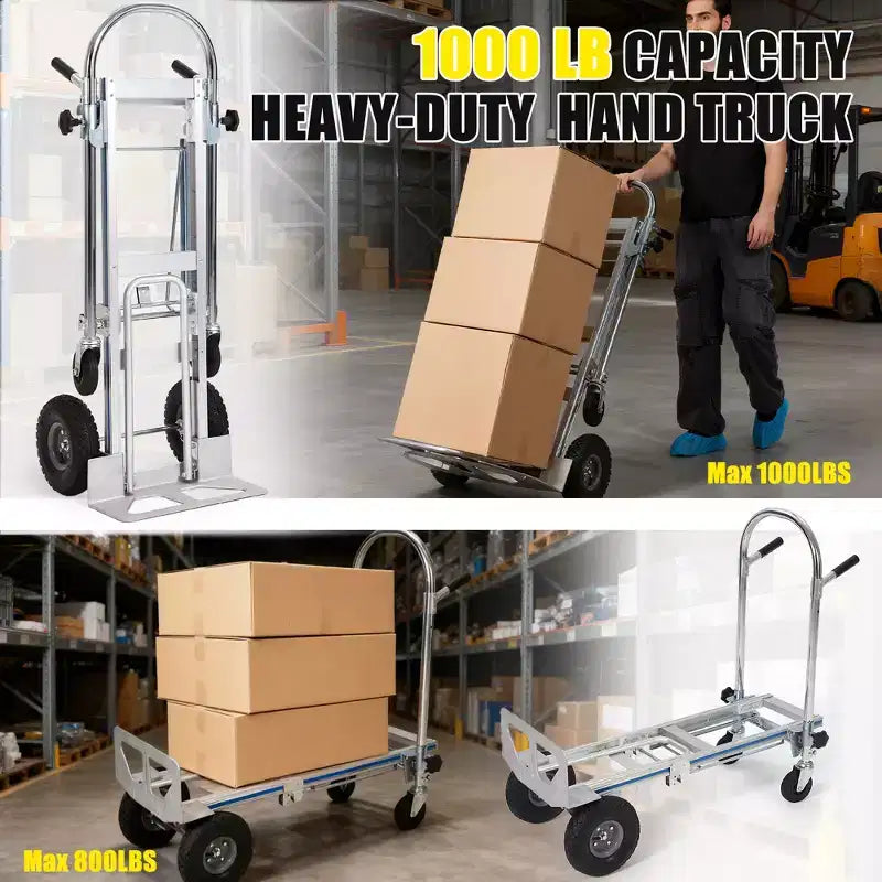 Diable pliant en aluminium de 450 kg, chariot convertible 4-en-1 avec roues en caoutchouc pour entrepôt, supermarché, jardin
