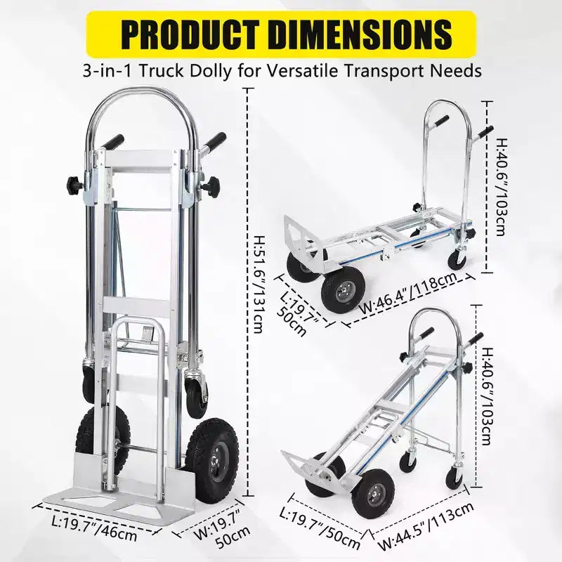 Diable pliant en aluminium de 450 kg, chariot convertible 4-en-1 avec roues en caoutchouc pour entrepôt, supermarché, jardin