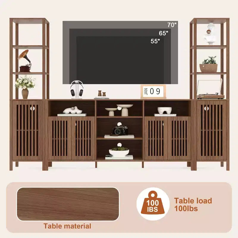 Meuble TV avec étagères, meuble TV de style ferme pour téléviseurs de 70 pouces, meubles TV de salon avec étagères réglables et armoire de rangement