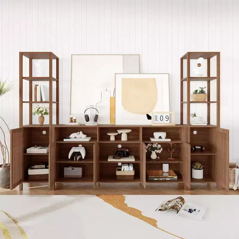 Meuble TV avec étagères, meuble TV de style ferme pour téléviseurs de 70 pouces, meubles TV de salon avec étagères réglables et armoire de rangement