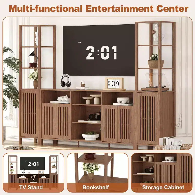Meuble TV avec étagères, meuble TV de style ferme pour téléviseurs de 70 pouces, meubles TV de salon avec étagères réglables et armoire de rangement
