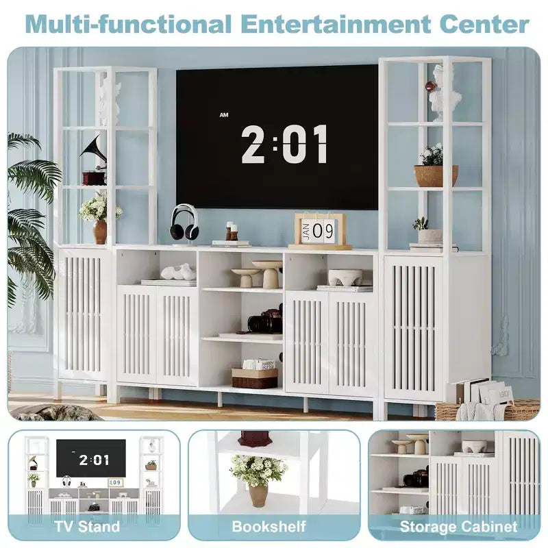Meuble TV avec étagères, meuble TV de style ferme pour téléviseurs de 70 pouces, meubles TV de salon avec étagères réglables et armoire de rangement