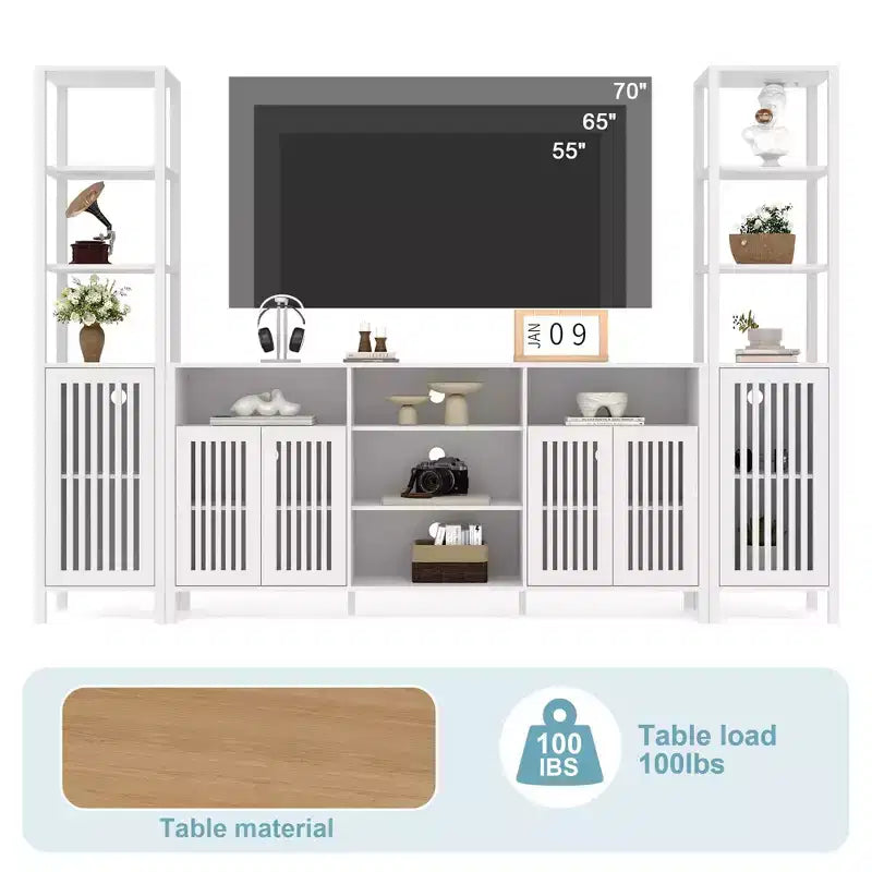 Meuble TV avec étagères, meuble TV de style ferme pour téléviseurs de 70 pouces, meubles TV de salon avec étagères réglables et armoire de rangement