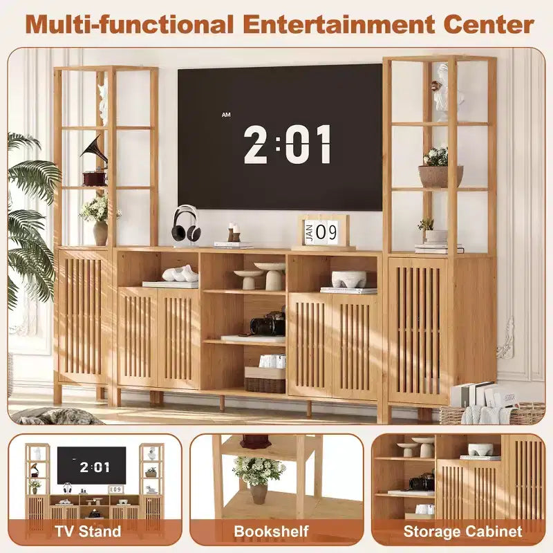 Meuble TV avec étagères, meuble TV de style ferme pour téléviseurs de 70 pouces, meubles TV de salon avec étagères réglables et armoire de rangement