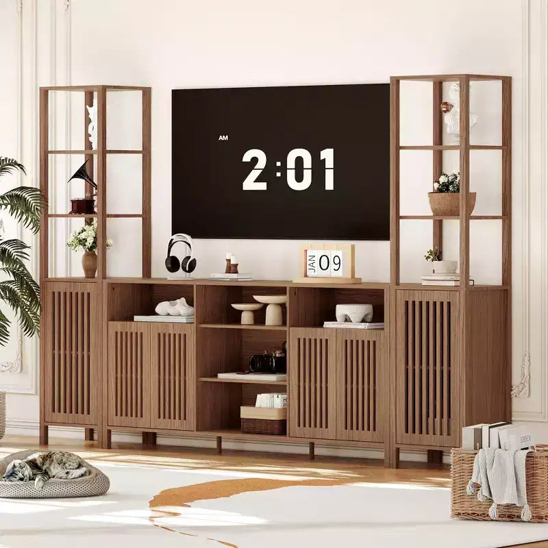 Meuble TV avec étagères, meuble TV de style ferme pour téléviseurs de 70 pouces, meubles TV de salon avec étagères réglables et armoire de rangement