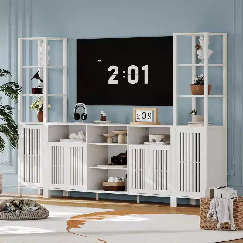 Meuble TV avec étagères, meuble TV de style ferme pour téléviseurs de 70 pouces, meubles TV de salon avec étagères réglables et armoire de rangement