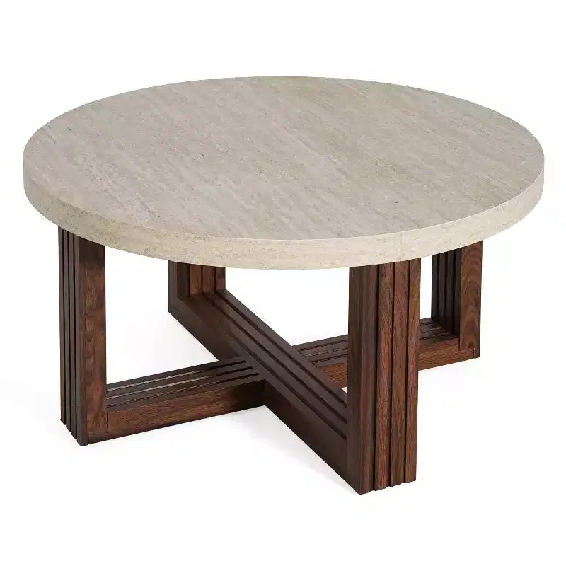 Table basse ronde de 31,5 po, plateau en motif marbre et base en bois brun entrecroisé, table d'appoint de salon moderne - ModernLuxe