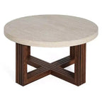 Table basse ronde de 31,5 po, plateau en motif marbre et base en bois brun entrecroisé, table d'appoint de salon moderne - ModernLuxe