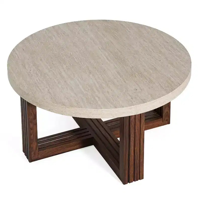 Table basse ronde de 31,5 po, plateau en motif marbre et base en bois brun entrecroisé, table d'appoint de salon moderne - ModernLuxe
