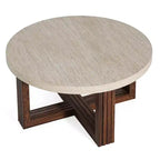 Table basse ronde de 31,5 po, plateau en motif marbre et base en bois brun entrecroisé, table d'appoint de salon moderne - ModernLuxe