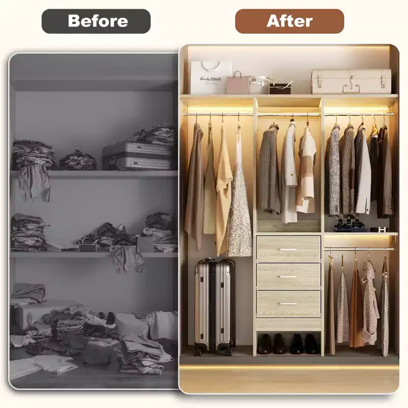 Besiost Système de rangement de placard 4FT avec tiroirs en tissu, Petite armoire avec tringles de suspension