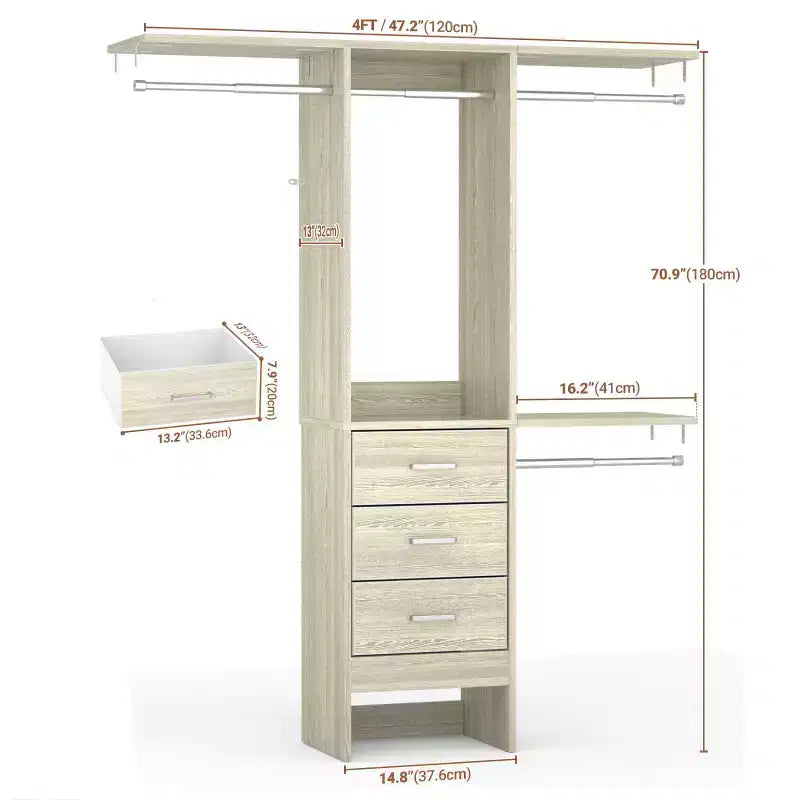 Besiost Système de rangement de placard 4FT avec tiroirs en tissu, Petite armoire avec tringles de suspension