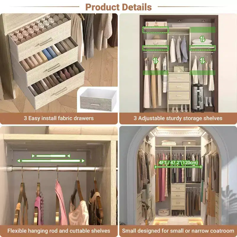 Besiost Système de rangement de placard 4FT avec tiroirs en tissu, Petite armoire avec tringles de suspension