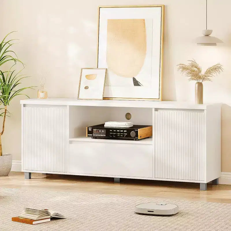 Meuble TV avec rangement, meuble TV nervuré pour téléviseur 60/65/70 pouces, meuble TV console multimédia moderne avec tiroir pour salon, chambre, blanc