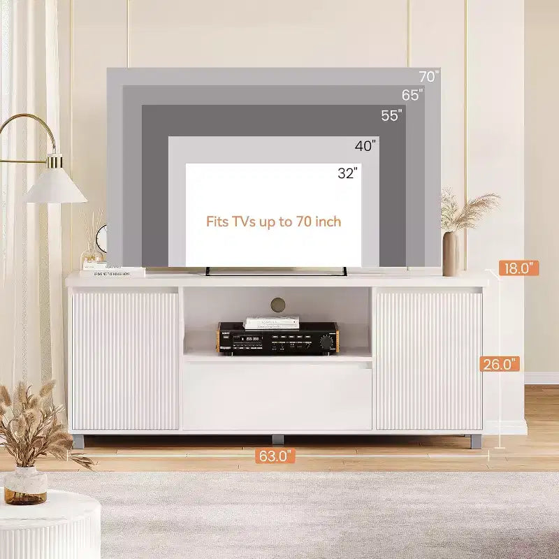 Meuble TV avec rangement, meuble TV nervuré pour téléviseur 60/65/70 pouces, meuble TV console multimédia moderne avec tiroir pour salon, chambre, blanc