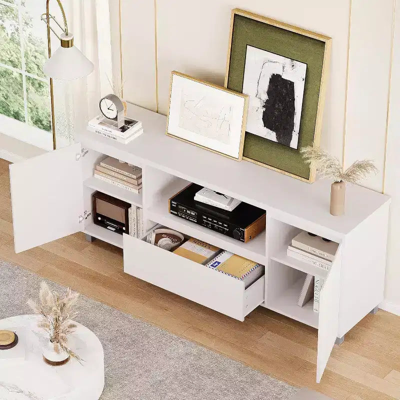 Meuble TV avec rangement, meuble TV nervuré pour téléviseur 60/65/70 pouces, meuble TV console multimédia moderne avec tiroir pour salon, chambre, blanc