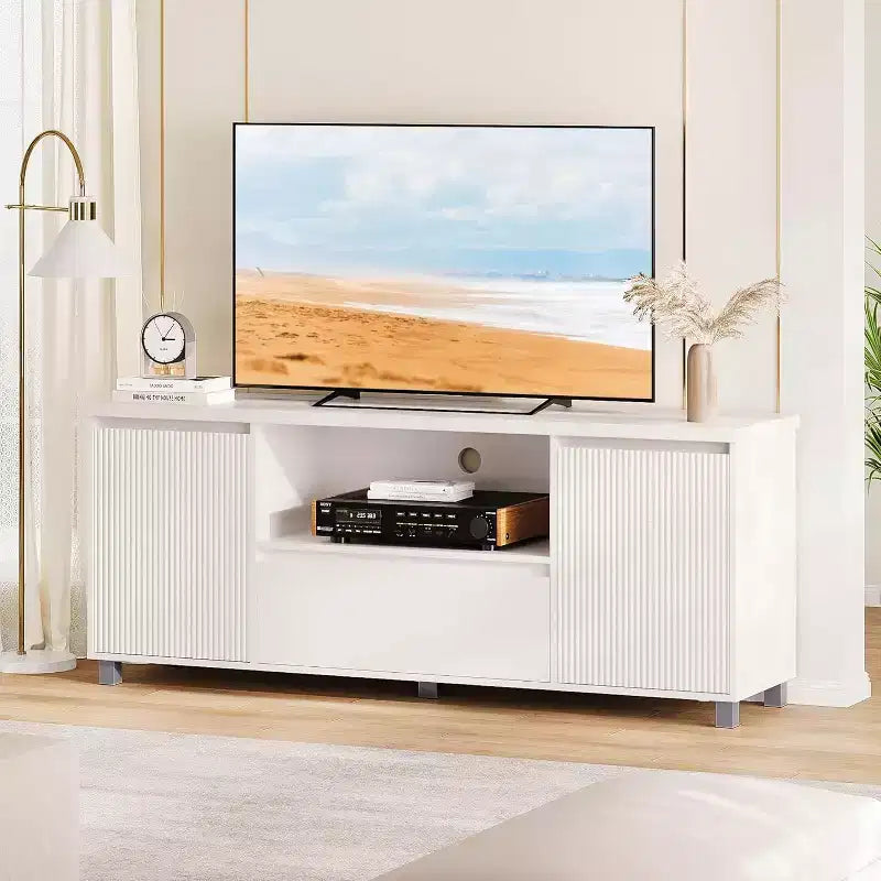 Meuble TV avec rangement, meuble TV nervuré pour téléviseur 60/65/70 pouces, meuble TV console multimédia moderne avec tiroir pour salon, chambre, blanc
