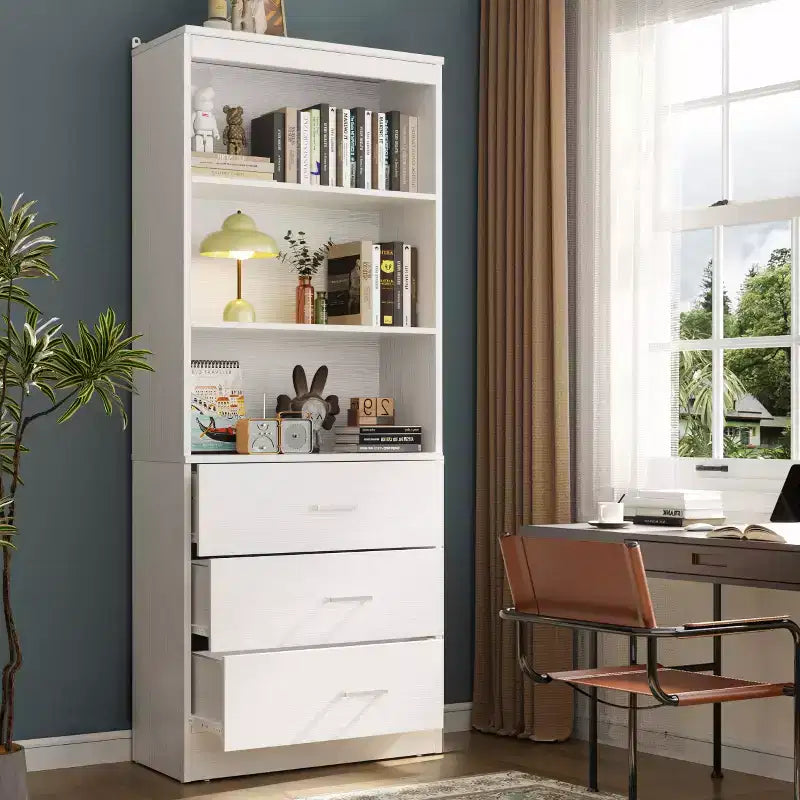 Besiost 71-In Tall Bookshelf with Wood Drawers, Étagère de Rangement avec Tiroirs en Bois