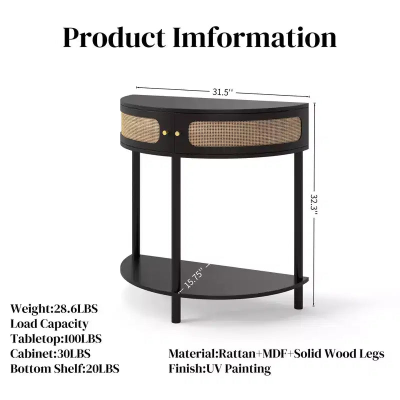 Table console Okak moderne unique demi-lune avec porte coulissante en rotin, table d'appoint naturelle pour chambre, salon