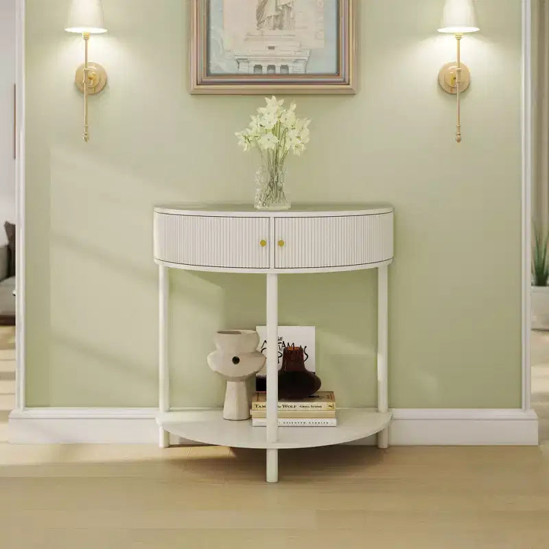 Table console Okak moderne unique demi-lune avec porte coulissante en rotin, table d'appoint naturelle pour chambre, salon