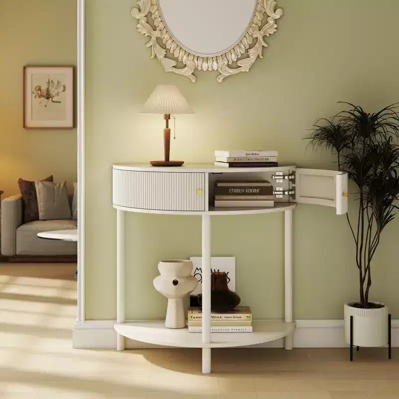 Table console Okak moderne unique demi-lune avec porte coulissante en rotin, table d'appoint naturelle pour chambre, salon