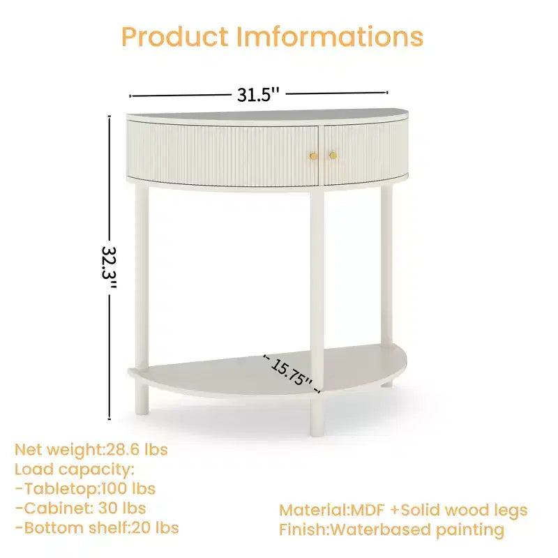 Table console Okak moderne unique demi-lune avec porte coulissante en rotin, table d'appoint naturelle pour chambre, salon