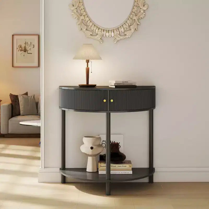 Table console Okak moderne unique demi-lune avec porte coulissante en rotin, table d'appoint naturelle pour chambre, salon