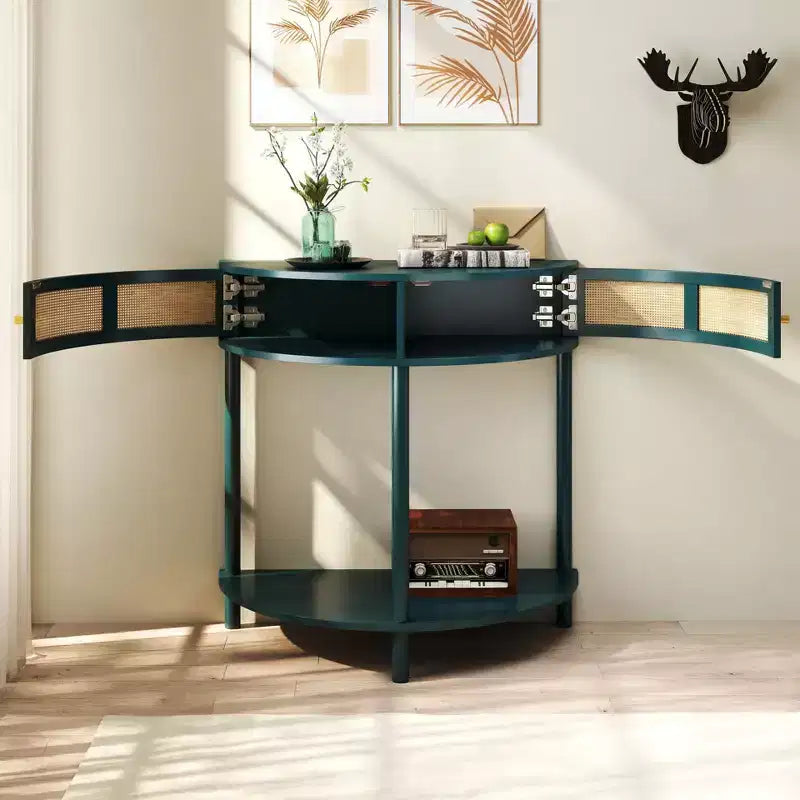 Table console Okak moderne unique demi-lune avec porte coulissante en rotin, table d'appoint naturelle pour chambre, salon