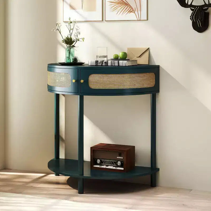 Table console Okak moderne unique demi-lune avec porte coulissante en rotin, table d'appoint naturelle pour chambre, salon