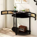 Table console Okak moderne unique demi-lune avec porte coulissante en rotin, table d'appoint naturelle pour chambre, salon
