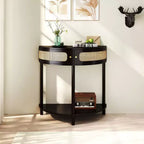 Table console Okak moderne unique demi-lune avec porte coulissante en rotin, table d'appoint naturelle pour chambre, salon