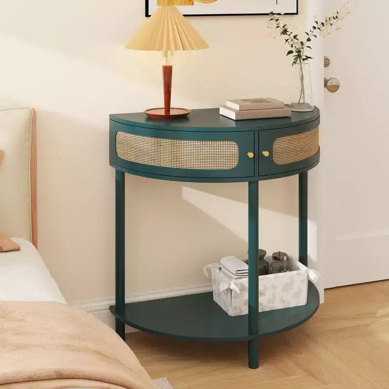Okak Modern Unique Half Moon Console Table with Sliding Rattan Door,Natural Side Table End Table for Bedroom,Living Room
