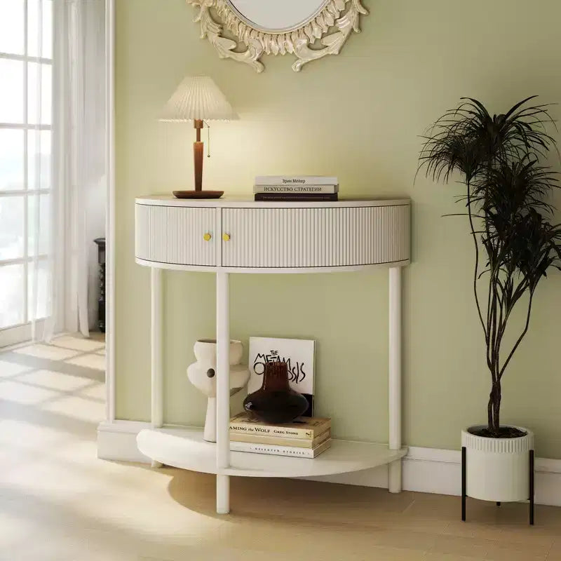 Table console Okak moderne unique demi-lune avec porte coulissante en rotin, table d'appoint naturelle pour chambre, salon