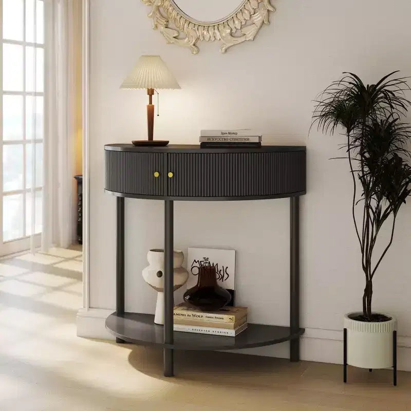 Table console Okak moderne unique demi-lune avec porte coulissante en rotin, table d'appoint naturelle pour chambre, salon