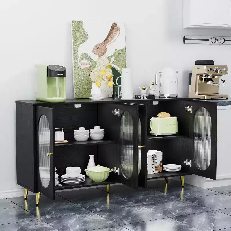TUYOHW 60 Buffet, Meuble de Rangement, Console avec 4 Portes en Acrylique, 5 Pieds en Métal, Desserte pour Cuisine, Salle à Manger, Salon