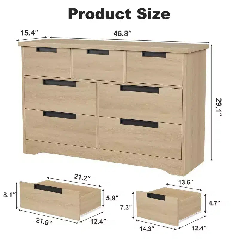 Commode double 7 tiroirs moderne avec poignées encastrées pour chambre à coucher ou chambre de bébé
