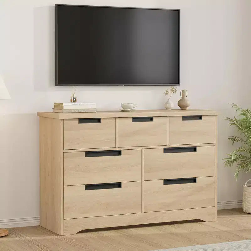 Commode double 7 tiroirs moderne avec poignées encastrées pour chambre à coucher ou chambre de bébé