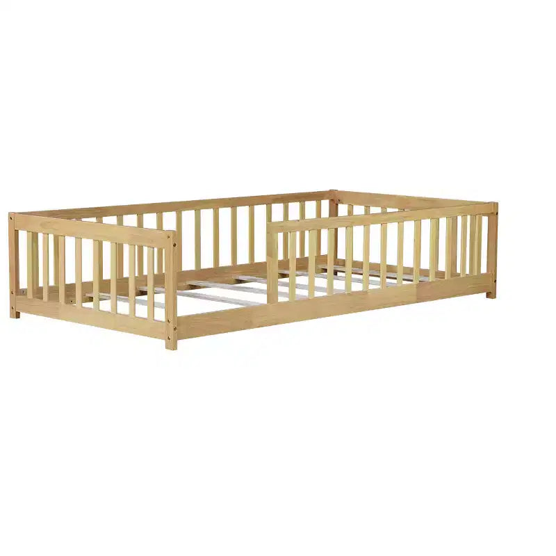 Lit au sol Montessori Bellemave double avec barrière de sécurité, lit plateforme pour enfants avec rambardes, cadre en bois massif, pour chambre d'enfant et de bébé