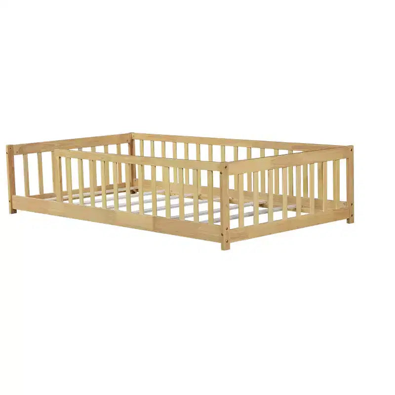 Lit au sol Montessori Bellemave double avec barrière de sécurité, lit plateforme pour enfants avec rambardes, cadre en bois massif, pour chambre d'enfant et de bébé