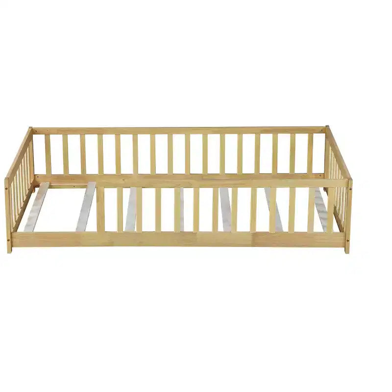 Lit au sol Montessori Bellemave double avec barrière de sécurité, lit plateforme pour enfants avec rambardes, cadre en bois massif, pour chambre d'enfant et de bébé