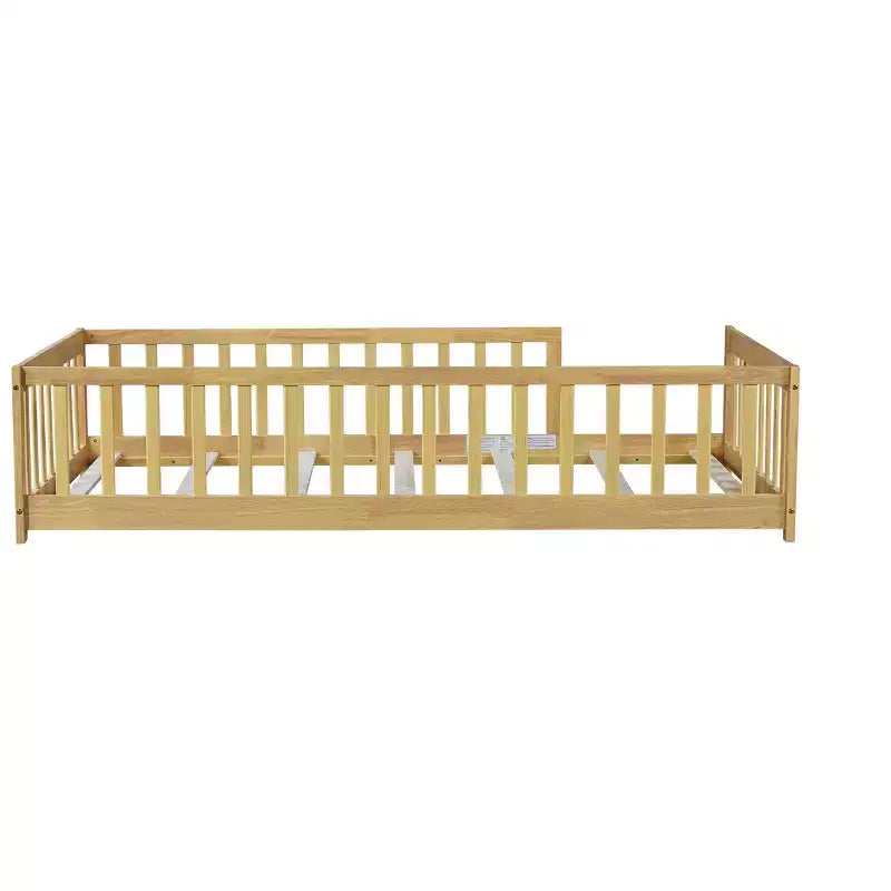 Lit au sol Montessori Bellemave double avec barrière de sécurité, lit plateforme pour enfants avec rambardes, cadre en bois massif, pour chambre d'enfant et de bébé
