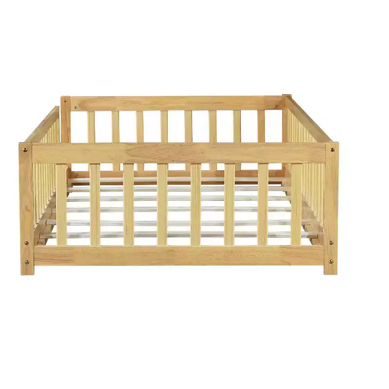 Lit au sol Montessori Bellemave double avec barrière de sécurité, lit plateforme pour enfants avec rambardes, cadre en bois massif, pour chambre d'enfant et de bébé