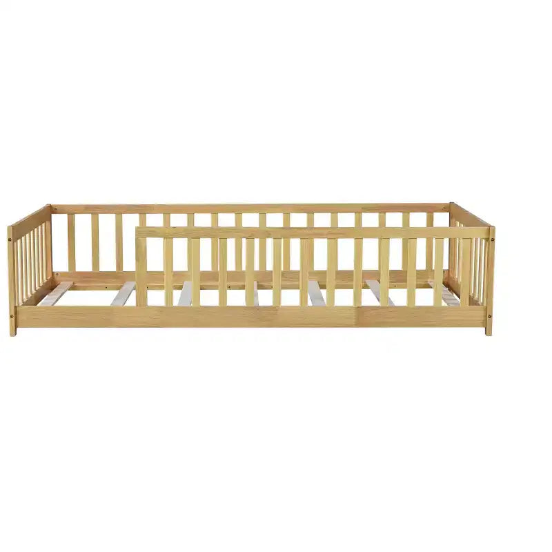 Lit au sol Montessori Bellemave double avec barrière de sécurité, lit plateforme pour enfants avec rambardes, cadre en bois massif, pour chambre d'enfant et de bébé