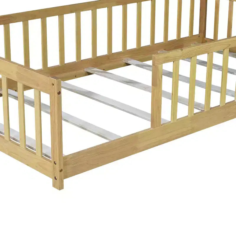Lit au sol Montessori Bellemave double avec barrière de sécurité, lit plateforme pour enfants avec rambardes, cadre en bois massif, pour chambre d'enfant et de bébé