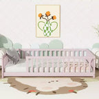 Lit au sol Montessori Bellemave double avec barrière de sécurité, lit plateforme pour enfants avec rambardes, cadre en bois massif, pour chambre d'enfant et de bébé