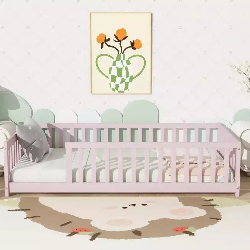 Lit au sol Montessori Bellemave double avec barrière de sécurité, lit plateforme pour enfants avec rambardes, cadre en bois massif, pour chambre d'enfant et de bébé